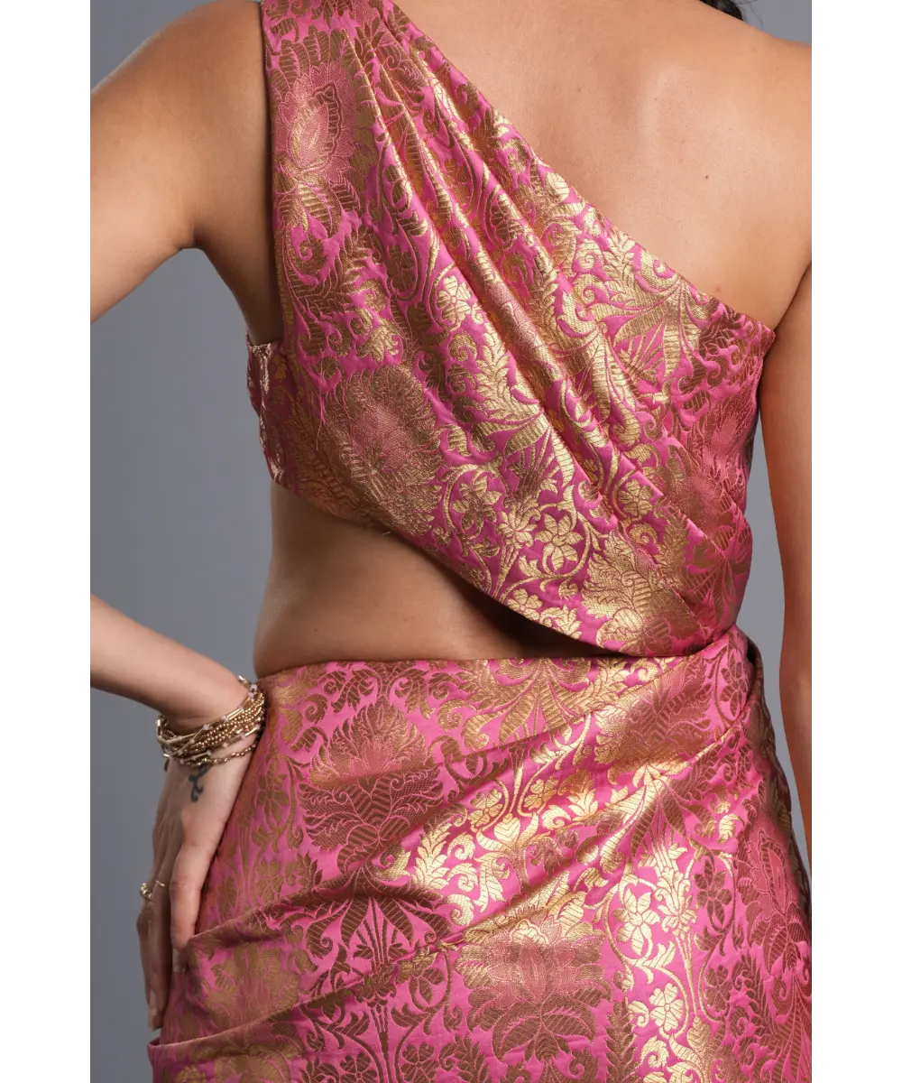 AASTHA SOOD - Bubblegum pink Asymmetric Brocade Dress